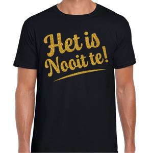 Verkleed T-shirt heren - Het is Nooit te! - zwart - glitter goud - foute party