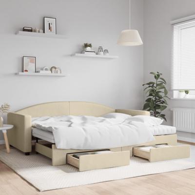 Slaapbank met onderschuifbed en lades 90x200 cm stof crèmekleur