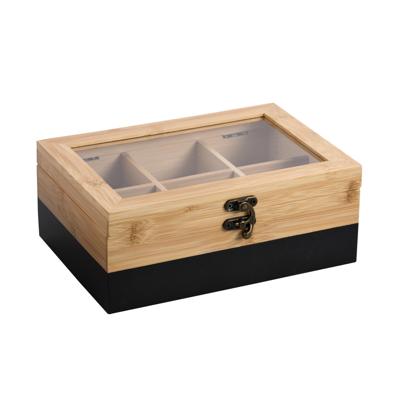 Kesper Theedoos - 6-vaks - zwart - bamboe - 21 x 15 x 9 cm - theekist - kunststof kijkvenster