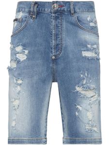 Philipp Plein bermuda en jean à effet usé - Bleu