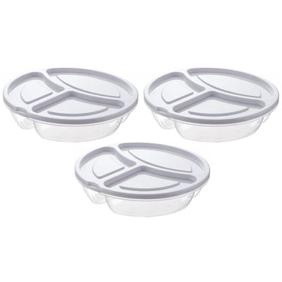3x Lunchtrommels/bewaarbakjes rond 3- vaks wit kunststof 1.1 liter