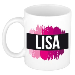 Naam cadeau mok / beker Lisa  met roze verfstrepen 300 ml   -