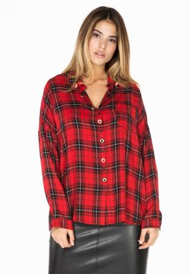 Yoek Geruite blouse met stenen | Rood | Maat 50/52