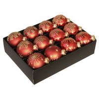 12x Glazen gedecoreerde kerstballen rood 7,5 cm