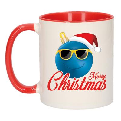 Merry Christmas kerstcadeau - koffiemok - rood - kerstbal blauw - 300 ml Merry Christmas kerstcadeau - koffiemok - rood - kerstbal blauw - 300 ml