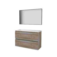 Basic-Line Framed 39 Badkamermeubelset - Ondiep - 100 x 39 cm - Greeploos - 2 Lades - Acryl Wastafel - 1 Kraangat - Spiegel met Zwart Aluminium Frame - Scotch Oak