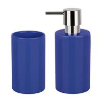 Badkamer accessoires set - zeeppompje/drinkbeker - porselein - donkerblauw - thumbnail