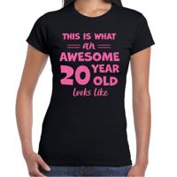 Verkleed T-shirt voor dames - leeftijd 20 jaar - awesome - zwart - glitter roze - Verjaardagsfeest