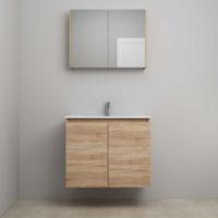 On-Line Badkamermeubelset - 80 cm - Bouwpakket - Greeploos 2 Deuren - Porseleinen Wastafel - 1 Kraangat - Spiegelkast - Eiken