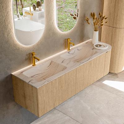 Badmeubel Mondiaz Kurve-Dlux | 155 cm | Meubelkleur Oak | Wastafelkleur Nata | Solid surface | Dubbel / Links spoelbak | 2 kraangaten