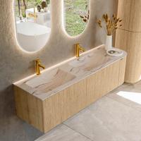 Badmeubel Mondiaz Kurve-Dlux | 155 cm | Meubelkleur Oak | Wastafelkleur Nata | Solid surface | Dubbel / Links spoelbak | 2 kraangaten