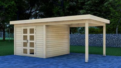 Van Kooten Prime Line blokhut 300x300 cm + overkapping 300 cm 28 mm vuren blank- Plat dak- Onbehandeld vurenhout- Van Kooten - Van Kooten