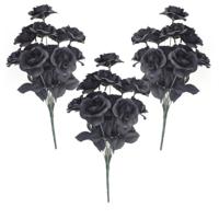 Bosje met 6 zwarte rozen - 3x - Halloween decoraties - 38 cm - Verkleedaccessoires - dode bloemen
