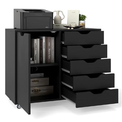 Rollcontainer met 5 Lades & Deur & Werkblad & Wielen Mobiele Archiefkast Zwart