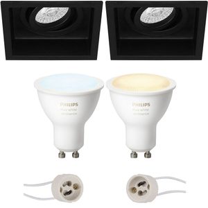 Pragmi Domy Pro - Inbouw Vierkant - Mat Zwart - Verdiept - Kantelbaar - 105mm - Philips Hue - LED Spot Set GU10 - White Ambiance - Bluetooth