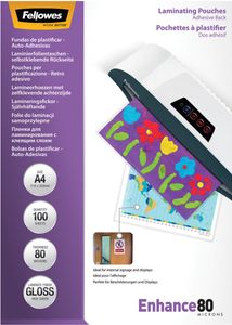 Fellowes lamineerhoes Enhance80 zelfklevend ft A4, 160 micron (2 x 80 micron), pak van 100 stuks