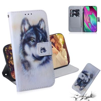 Witte Wolf patroon gekleurde tekening horizontale Flip lederen case voor Galaxy A40 met houder & card slots & portemonnee