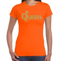 Koningsdag Queen t-shirt oranje met gouden letters en kroon dames - thumbnail