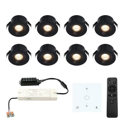 Set van 8 Cadiz LED Mini Inbouwspots met Trafo en Muurdimmer - 12 Volt 3 Watt 200 lumen - Dimbaar - Plat 26mm - 2700K - IP44 waterdicht - Zwart - Veranda Spotjes - Overkapping Spotjes