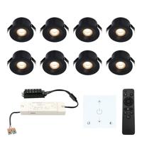 Set van 8 Cadiz LED Mini Inbouwspots met Trafo en Muurdimmer - 12 Volt 3 Watt 200 lumen - Dimbaar - Plat 26mm - 2700K - IP44 waterdicht - Zwart - Veranda Spotjes - Overkapping Spotjes