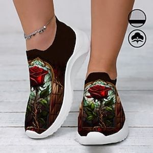 Dames Sneakers Instappers Schoenen afdrukken Grote maten Flyknit schoenen Buiten Valentijnsdag Dagelijks roze Platte hak Modieus Casual Vliegende weven Donkerrood Lightinthebox