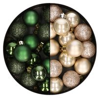 28x stuks kleine kunststof kerstballen donkergroen en champagne 3 cm 28x stuks kleine kunststof kerstballen donkergroen en champagne 3 cm