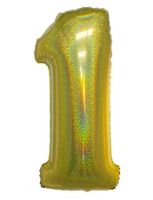 Folieballon Holografisch Goud Cijfer '1' - 102cm