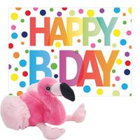 Pluche dieren knuffel flamingo 18 cm met Happy Birthday wenskaart - Vogel knuffels - thumbnail