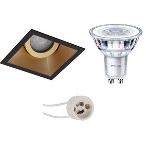 LED Spot Set - Pragmi Zano Pro - GU10 Fitting - Inbouw Vierkant - Mat Zwart/Goud - Kantelbaar - 93mm - Philips - CorePro 830 36D - 3W - Warm Wit 3000K - Dimbaar