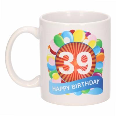 39 jaar Verjaardag koffiemok - cadeau beker - feestelijke ballonnen print - 300 ml - keramiek - wit