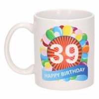 39 jaar Verjaardag koffiemok - cadeau beker - feestelijke ballonnen print - 300 ml - keramiek - wit