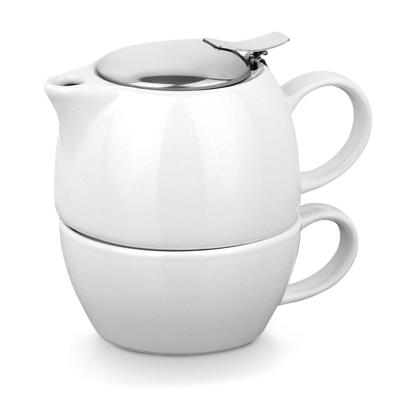 Witte theepot met zeef en kopje - keramiek - 430 ml - 13 x 13 cm - Theeset - Theepotje met infuser