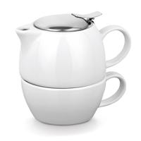 Witte theepot met zeef en kopje - keramiek - 430 ml - 13 x 13 cm - Theeset - Theepotje met infuser