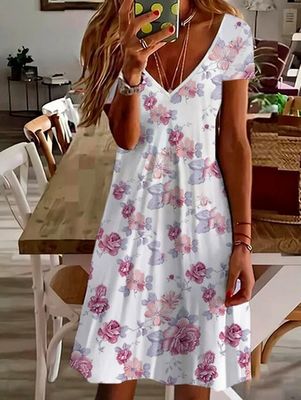 Floral Casual V Neck Regular Fit Dress