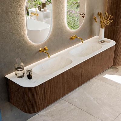 Badmeubel Mondiaz Kurve-Dlux | 200 cm | Meubelkleur Walnut | Wastafelkleur Opalo | Solid surface | Dubbele spoelbak | Zonder kraangat(en)