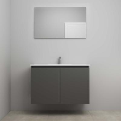 On-Line Badkamermeubelset - 100 cm - Voorgemonteerd - Greeploos 2 Deuren - Porseleinen Wastafel - 1 Kraangat - Spiegel - Mat Antraciet