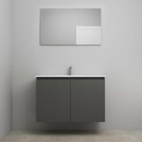 On-Line Badkamermeubelset - 100 cm - Bouwpakket - Greeploos 2 Deuren - Porseleinen Wastafel - 1 Kraangat - Spiegel - Mat Antraciet