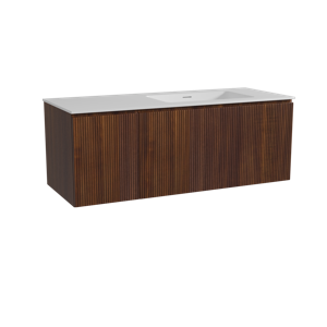 Storke Ribs zwevend badmeubel 130 x 52 cm notenhout met Mata asymmetrisch rechtse wastafel in solid surface mat wit, Verticale symmetrische rechte ribbel