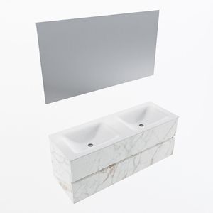 MONDIAZ VICA 130cm badmeubel onderkast Carrara 2 lades. Wastafel CLOUD dubbel zonder kraangat, kleur Talc met spiegel LED.