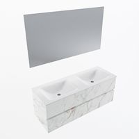 MONDIAZ VICA 130cm badmeubel onderkast Carrara 2 lades. Wastafel CLOUD dubbel zonder kraangat, kleur Talc met spiegel LED. - thumbnail