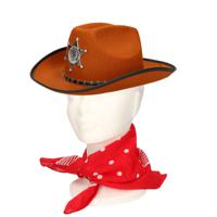 Verkleedset cowboyhoed Kentucky - bruin - met rode hals zakdoek - voor kinderen