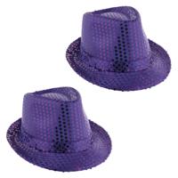 Carnaval verkleed Trilby hoedje met glitter pailletten - 2x - paars - polyester - heren/dames