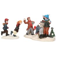 Lumineo Kerstdorp figuren - kinderen - sneeuwballen gooien - 6,5 cm   - - thumbnail