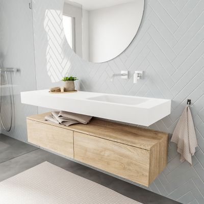 Mondiaz Alan badmeubel 150 cm washed oak 2 lades vrijhangend wastafel rechts zonder kraangat wit