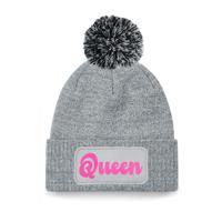 Wintersport muts met pompom - Queen - grijs - roze glitters - one size - volwassenen - Apres ski