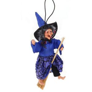 Halloween decoratie heksen pop - vliegend op bezem - 10 cm - zwart/blauw