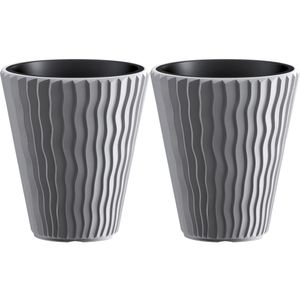 Plantenpot/bloempot Sand Waves - 2x - buiten/binnen - kunststof - steengrijs - D39 x H43 cm