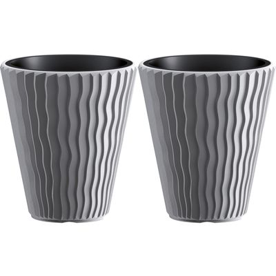 Plantenpot/bloempot Sand Waves - 2x - buiten/binnen - kunststof - steengrijs - D39 x H43 cm