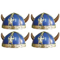 4x stuks gallier/Vikingen verkleed helm blauw met hoorns - thumbnail