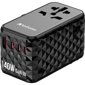 Verbatim UTA-10 GaN III Reislader 140 W 1x USB-A, 3x USB-C USB PD, USB PD 3.1, QC 3.0, QC 4+, PPS, Fast Charge, SuperCharge, Adaptive Fast Charge Zwart, Grijs
